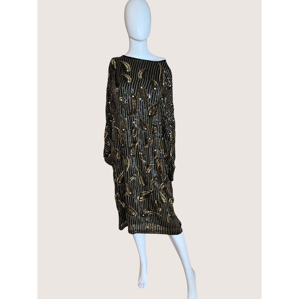 Black Gold Beaded Sequin Paisley Cocktail Dress Long Sleeve